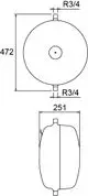 Technische Zeichnung eines Druckausdehnungsgefäßes aus dem Hause IMI Hydronic Engineering, mit spezifischen Maßen und Anschlüssen dargestellt.